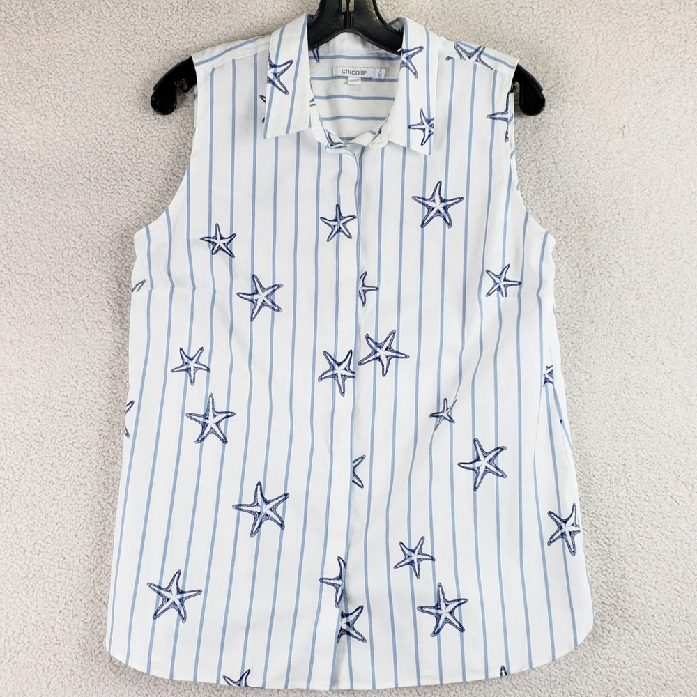 Chico's Sleeveless Coastal Top Women 2 White Blue Nautical Starfish Striped